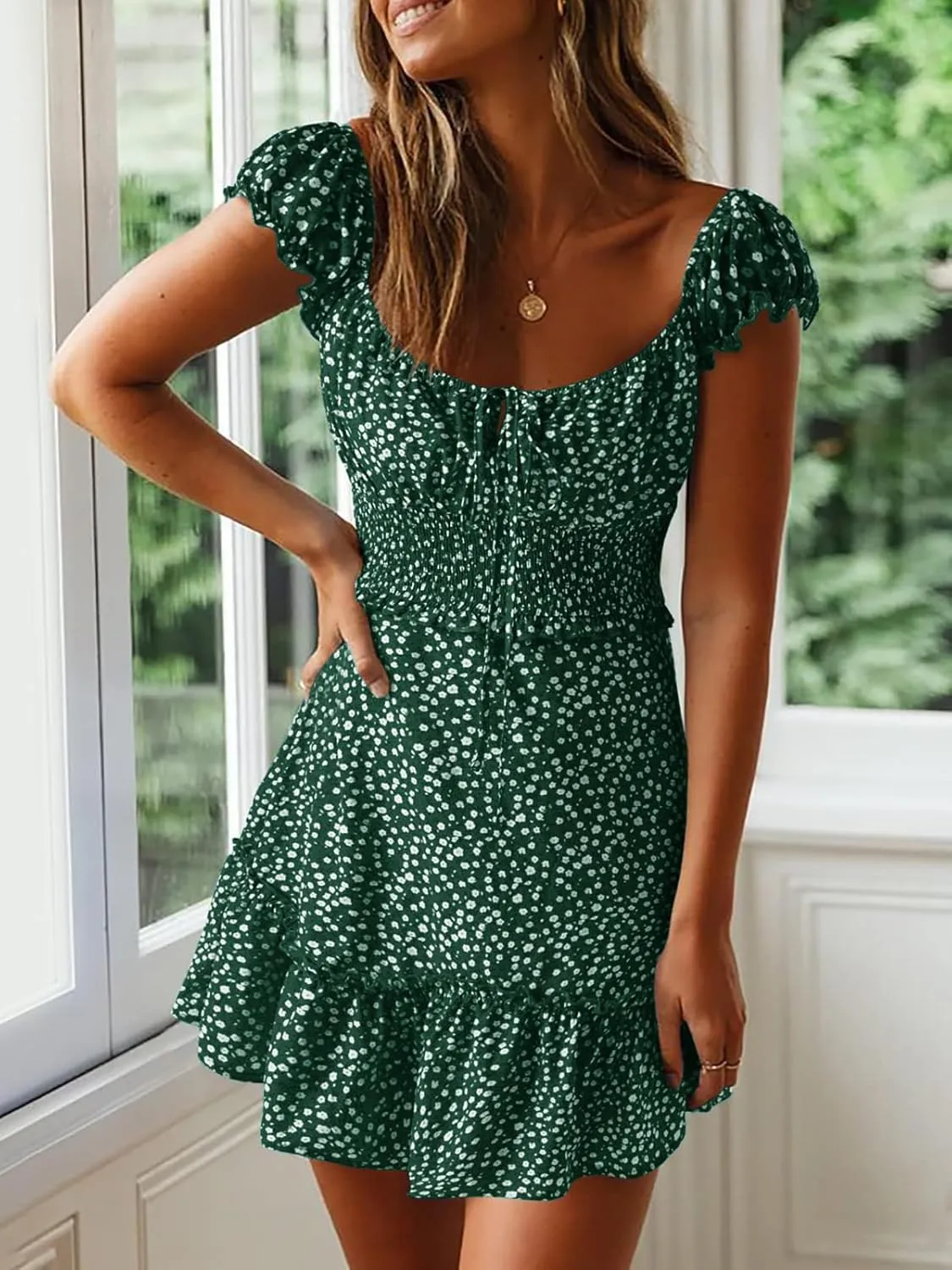 YOBECHO Womens Summer Sexy Sweetheart Collar Printed Ruffle Mini Dress