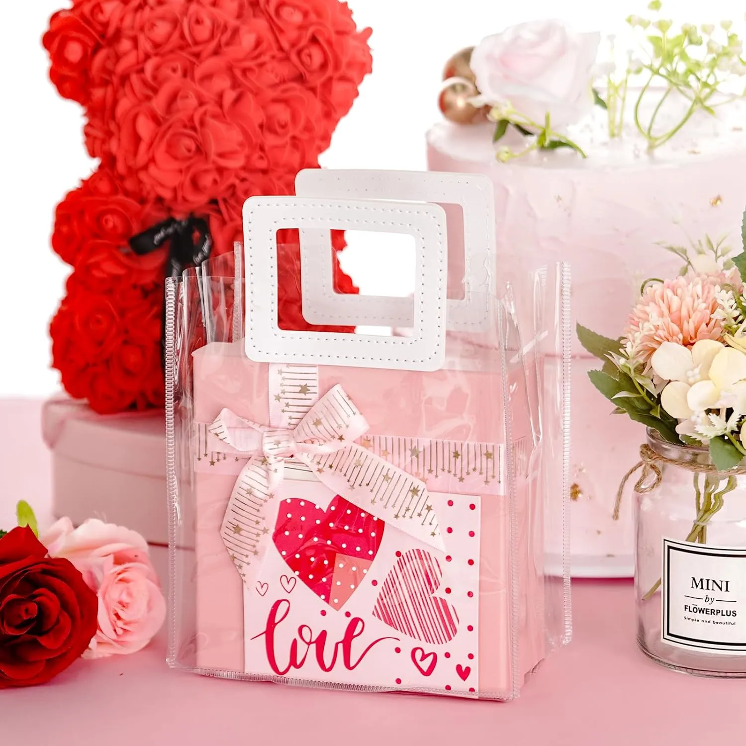 Yolyoo 15 Pack Clear Gift Bags with White Handles Transparent PVC Gift Wrap Bags Plastic Tote Bags Reusable Shopping Bags for Bridal Party,Wedding,Baby Shower,Birthday Party 7 x 8 x 4 Inch (7 x 8 x 4