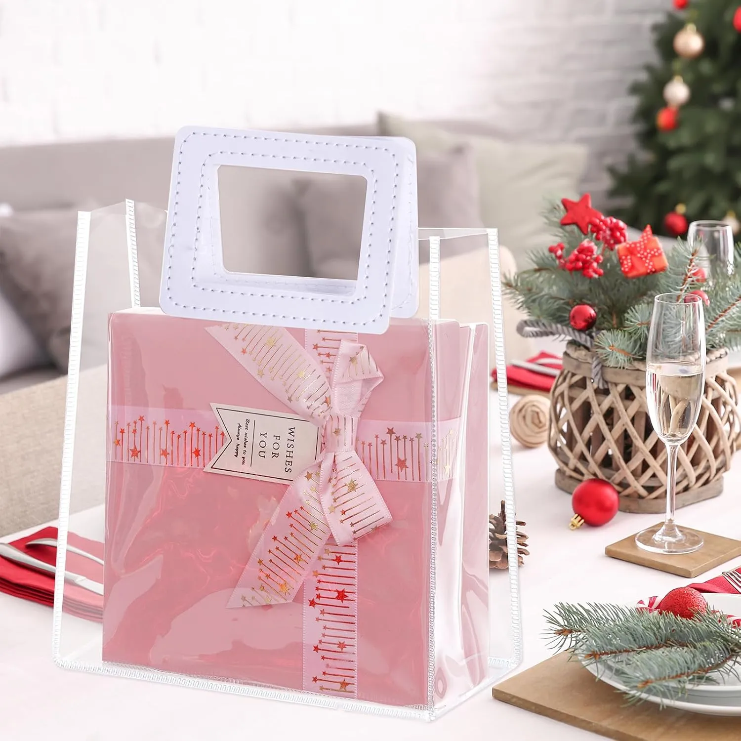 Yolyoo 15 Pack Clear Gift Bags with White Handles Transparent PVC Gift Wrap Bags Plastic Tote Bags Reusable Shopping Bags for Bridal Party,Wedding,Baby Shower,Birthday Party 7 x 8 x 4 Inch (7 x 8 x 4
