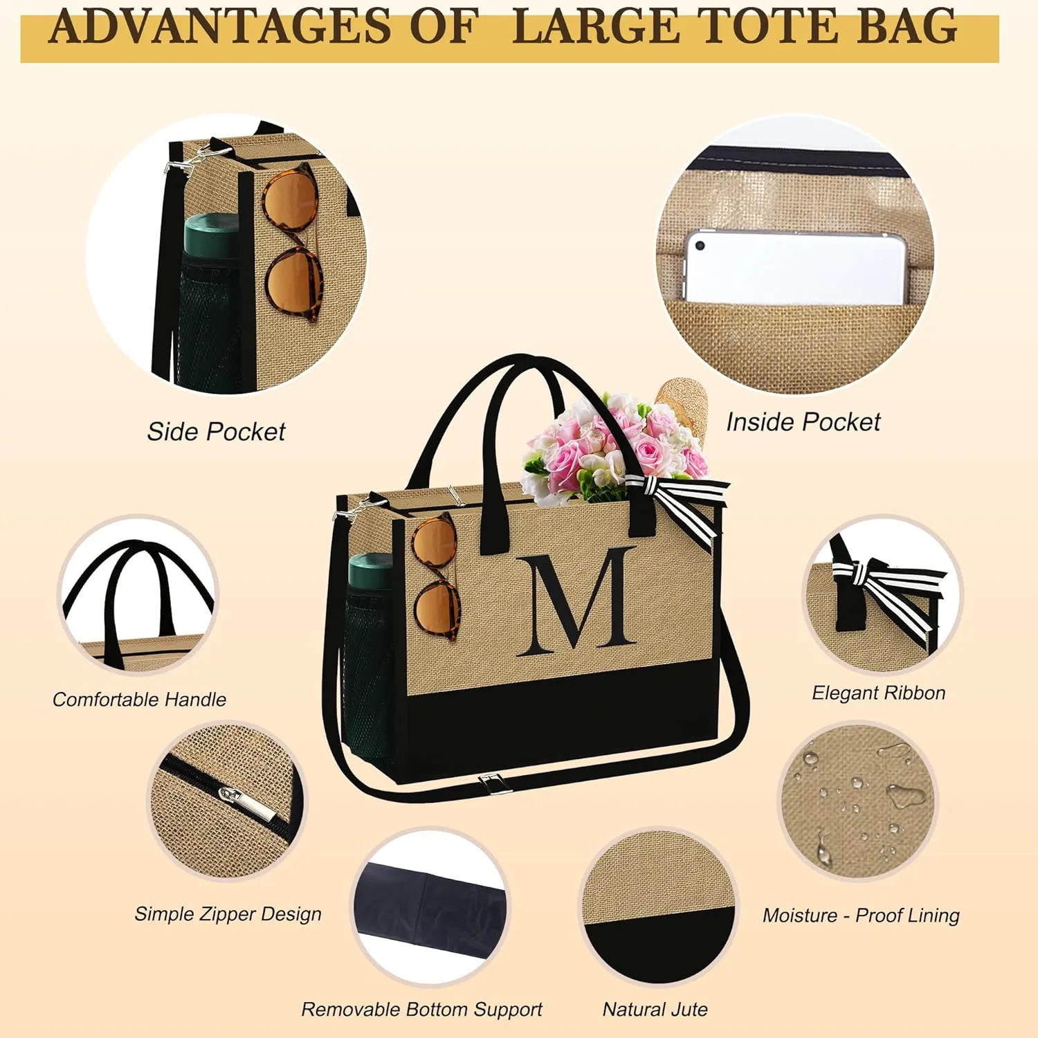 YOOLIFE Gifts for Women - Initial Jute Tote Bag & 2 Makeup Bags Personalized Birthday Gifts for Women Her Teacher Mom Friend