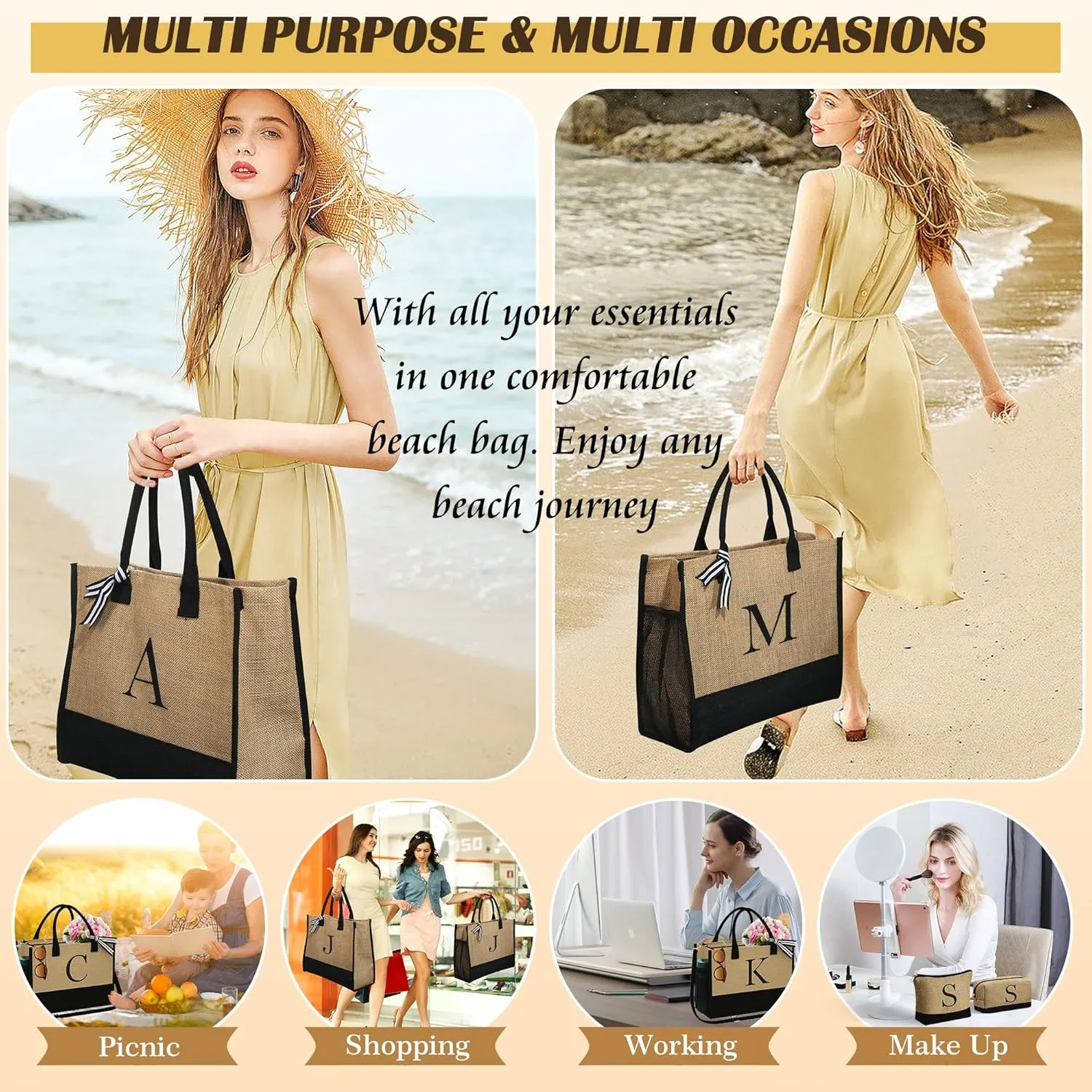 YOOLIFE Gifts for Women - Initial Jute Tote Bag & 2 Makeup Bags Personalized Birthday Gifts for Women Her Teacher Mom Friend