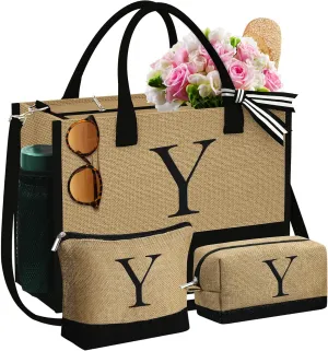 YOOLIFE Gifts for Women - Initial Jute Tote Bag & 2 Makeup Bags Personalized Birthday Gifts for Women Her Teacher Mom Friend