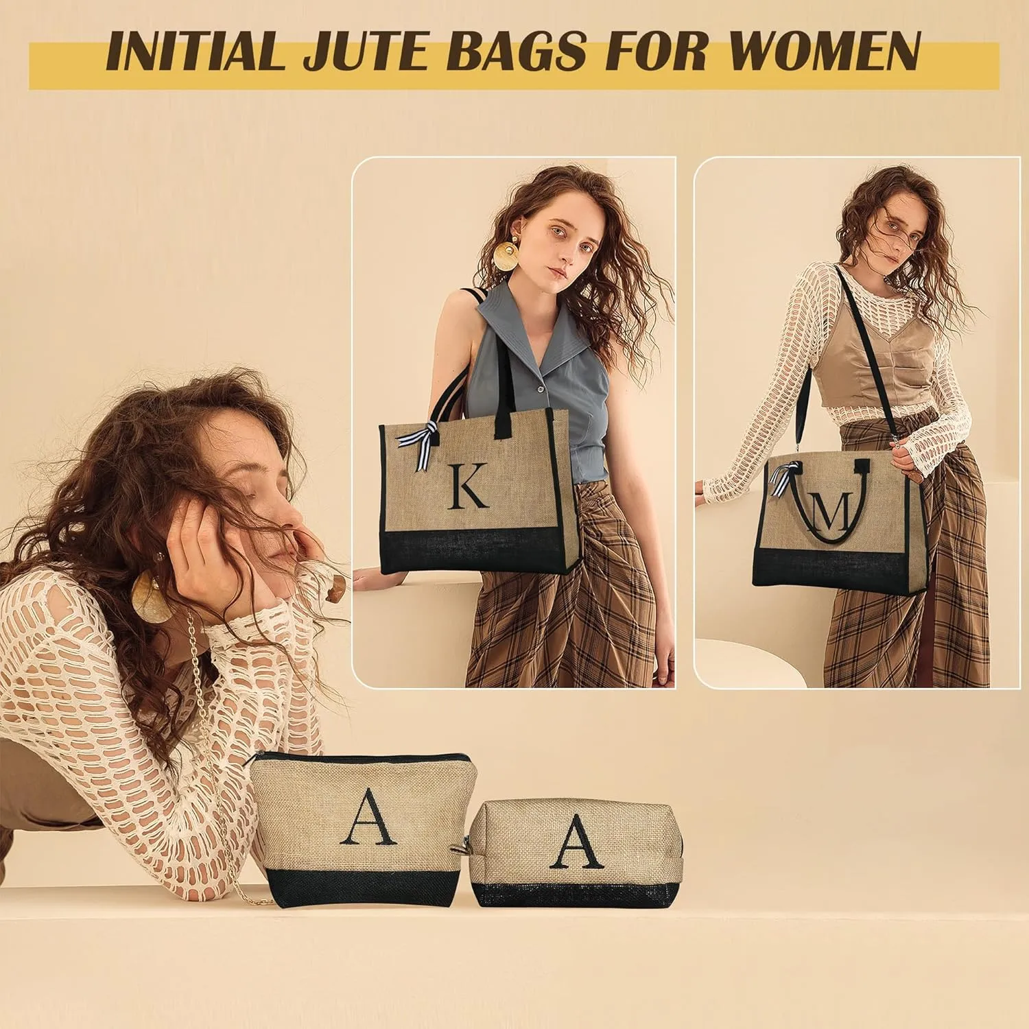 YOOLIFE Gifts for Women - Initial Jute Tote Bag & 2 Makeup Bags Personalized Birthday Gifts for Women Her Teacher Mom Friend