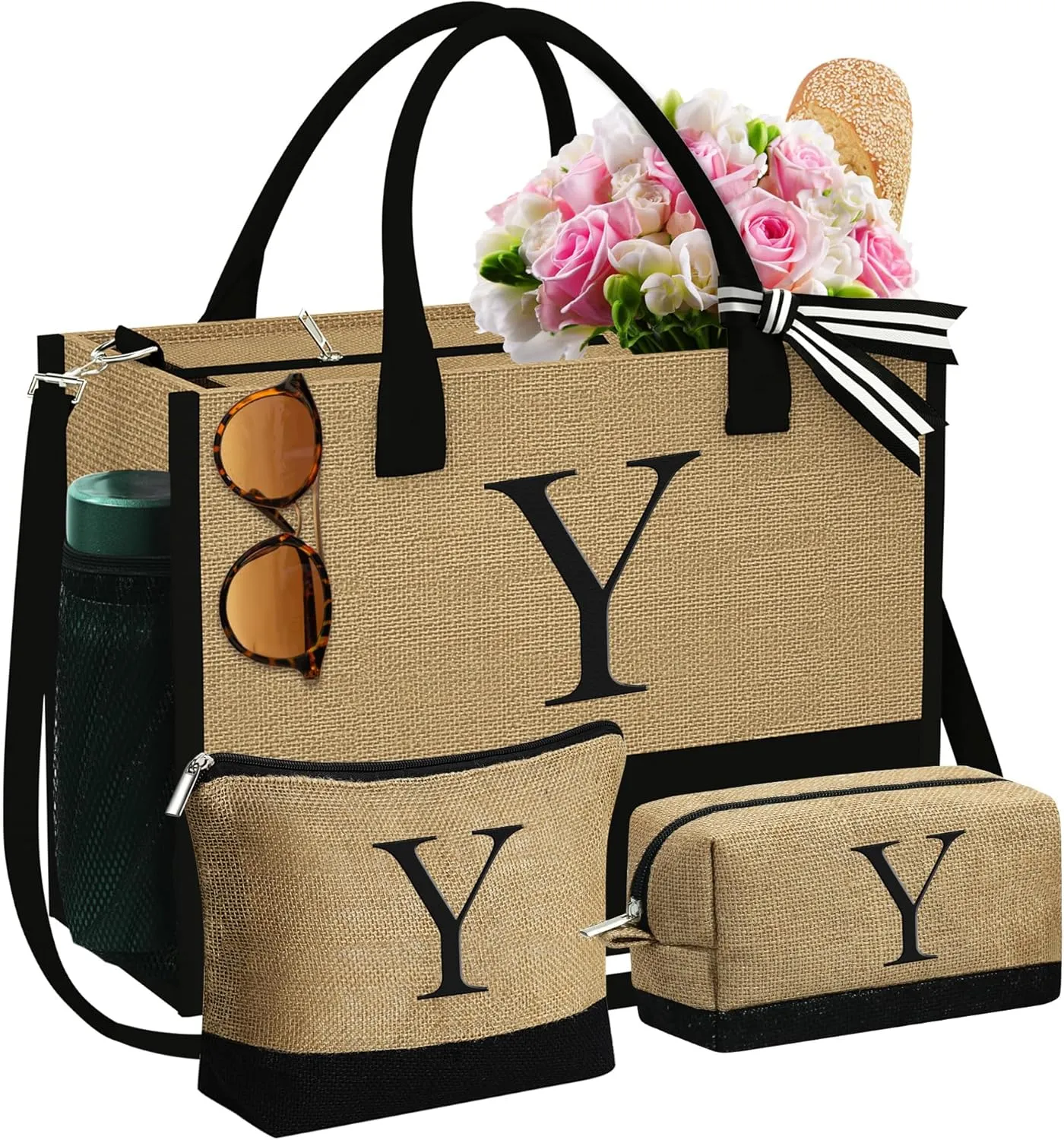 YOOLIFE Gifts for Women - Initial Jute Tote Bag & 2 Makeup Bags Personalized Birthday Gifts for Women Her Teacher Mom Friend