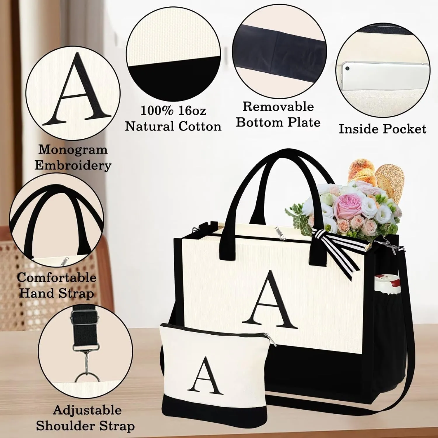 YOOLIFE Mothers Day Gifts for Women - Initial Tote Bag & Makeup Bag, Birthday Gifts for Women Mom Wife Teacher Friend