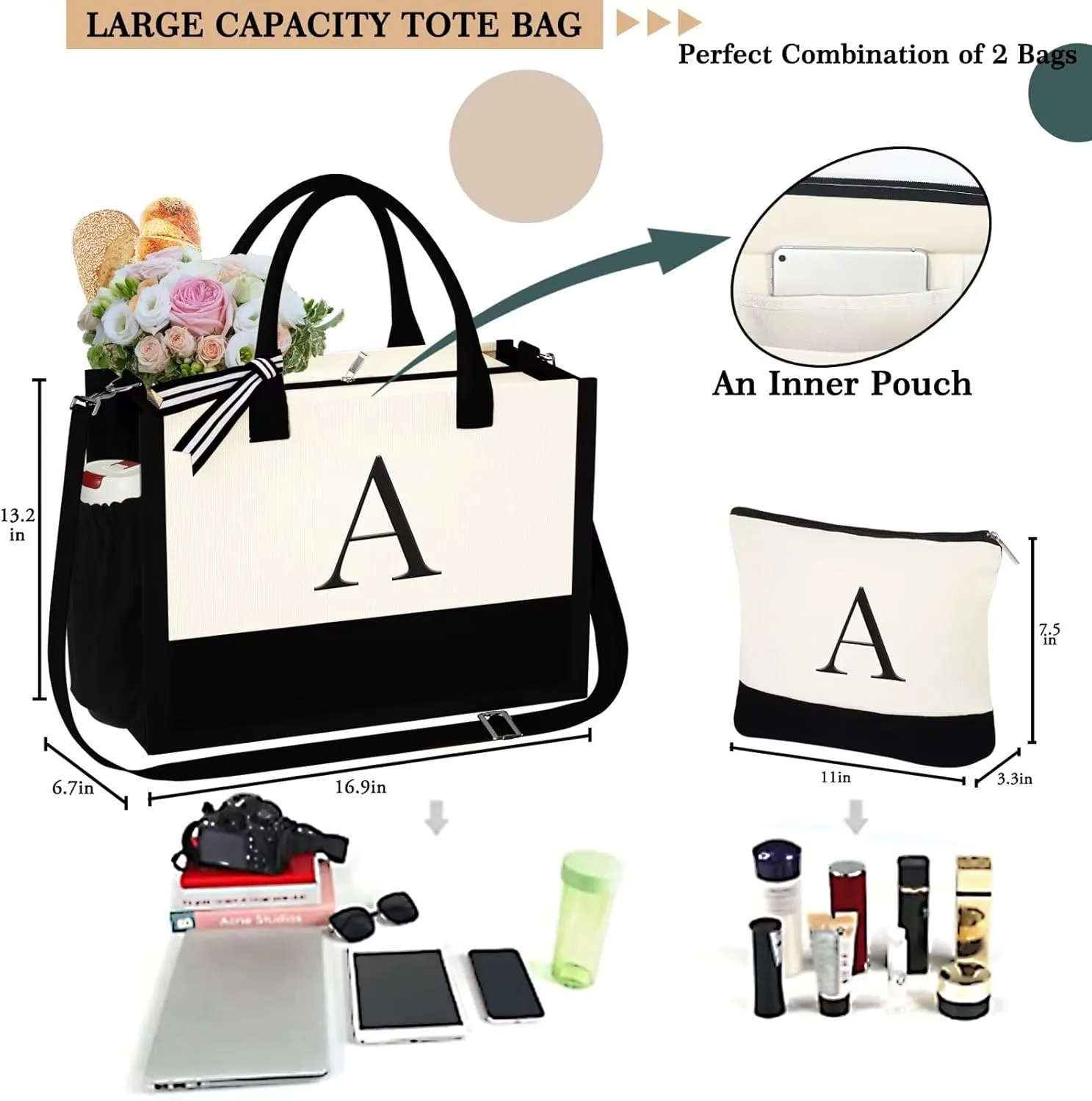 YOOLIFE Mothers Day Gifts for Women - Initial Tote Bag & Makeup Bag, Birthday Gifts for Women Mom Wife Teacher Friend