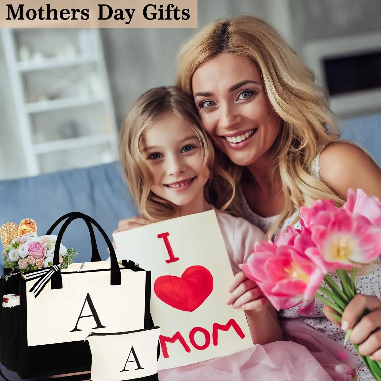 YOOLIFE Mothers Day Gifts for Women - Initial Tote Bag & Makeup Bag, Birthday Gifts for Women Mom Wife Teacher Friend