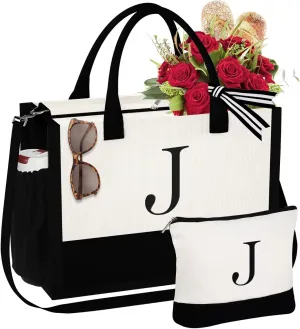 YOOLIFE Mothers Day Gifts for Women - Initial Tote Bag & Makeup Bag, Birthday Gifts for Women Mom Wife Teacher Friend
