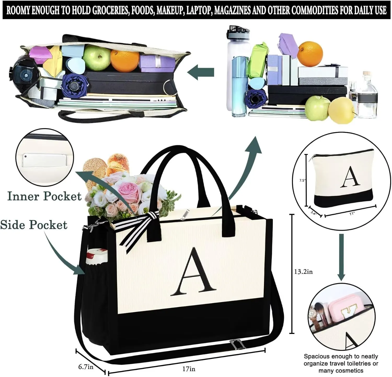 YOOLIFE Mothers Day Gifts for Women - Initial Tote Bag & Makeup Bag, Birthday Gifts for Women Mom Wife Teacher Friend