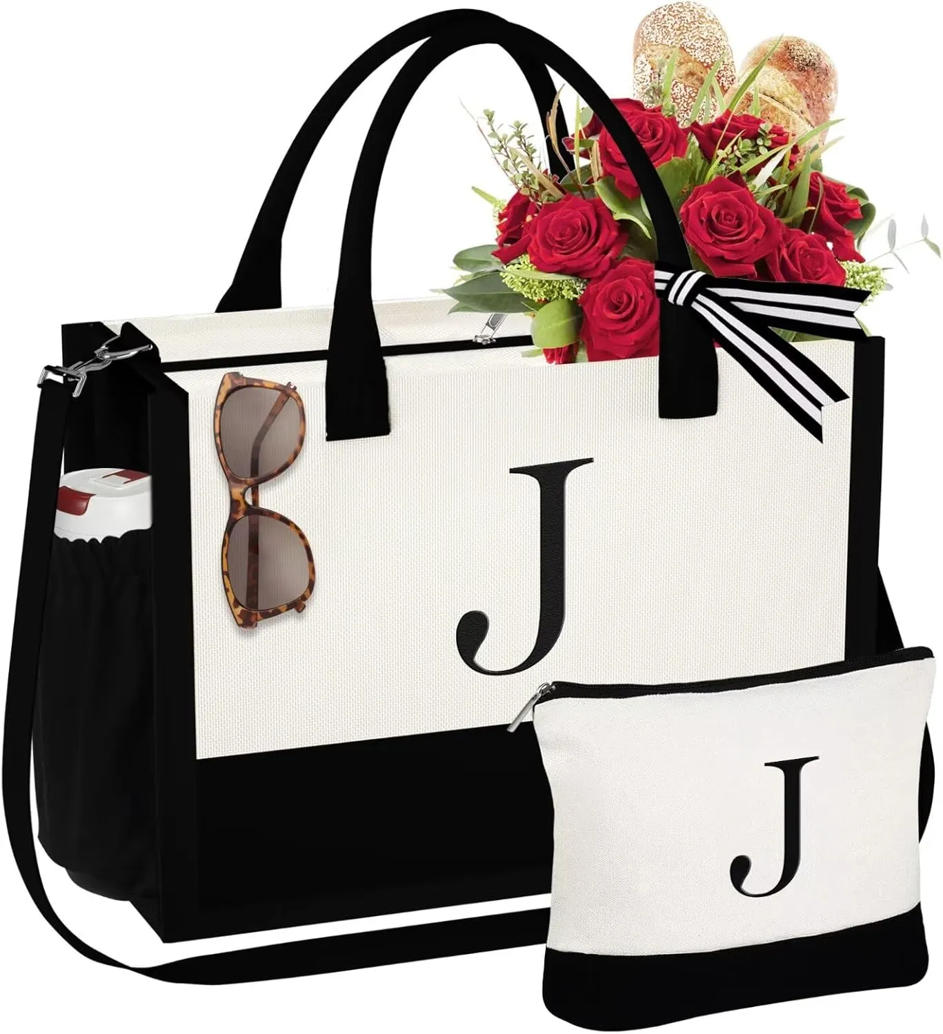 YOOLIFE Mothers Day Gifts for Women - Initial Tote Bag & Makeup Bag, Birthday Gifts for Women Mom Wife Teacher Friend