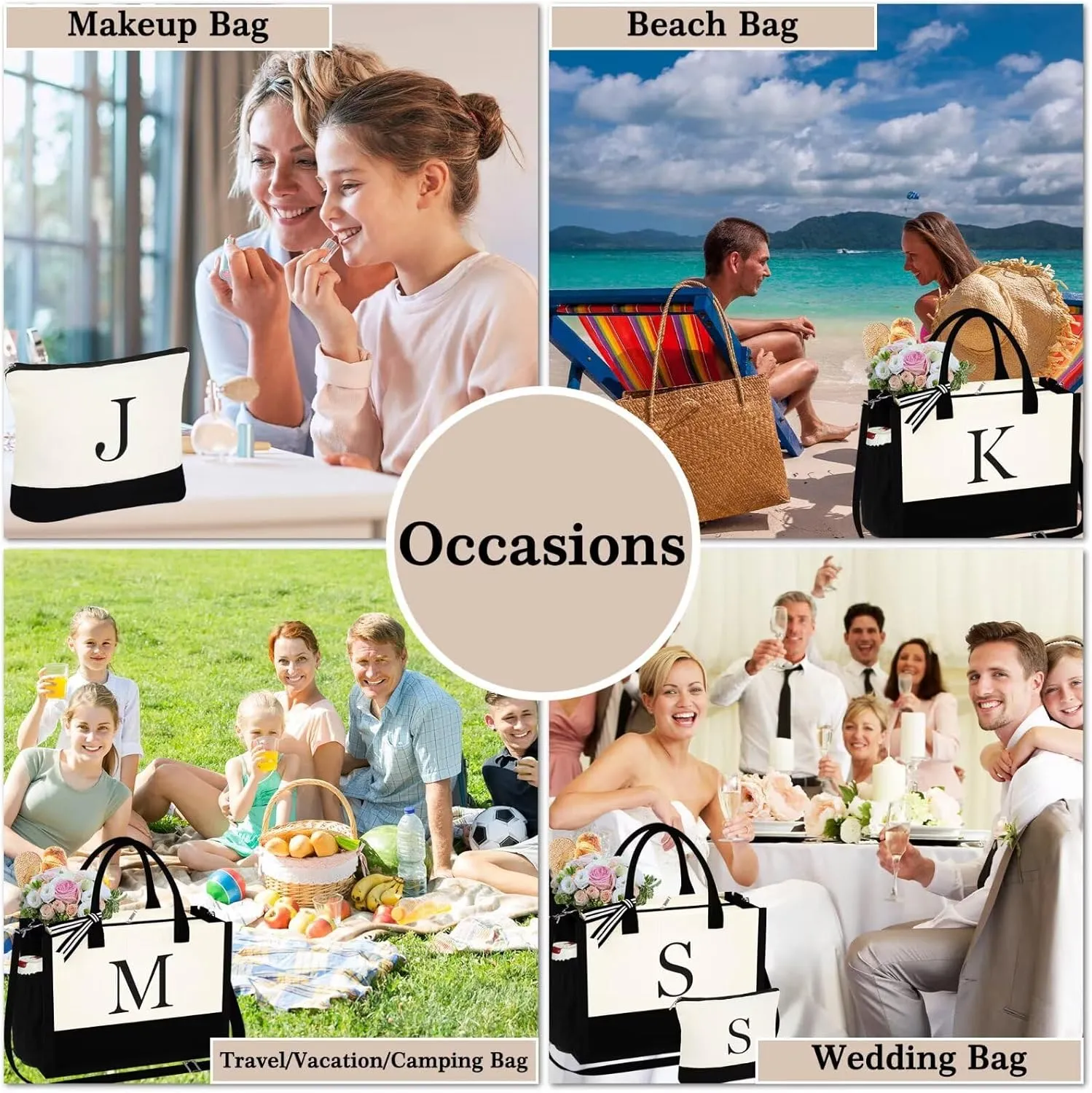 YOOLIFE Mothers Day Gifts for Women - Initial Tote Bag & Makeup Bag, Birthday Gifts for Women Mom Wife Teacher Friend
