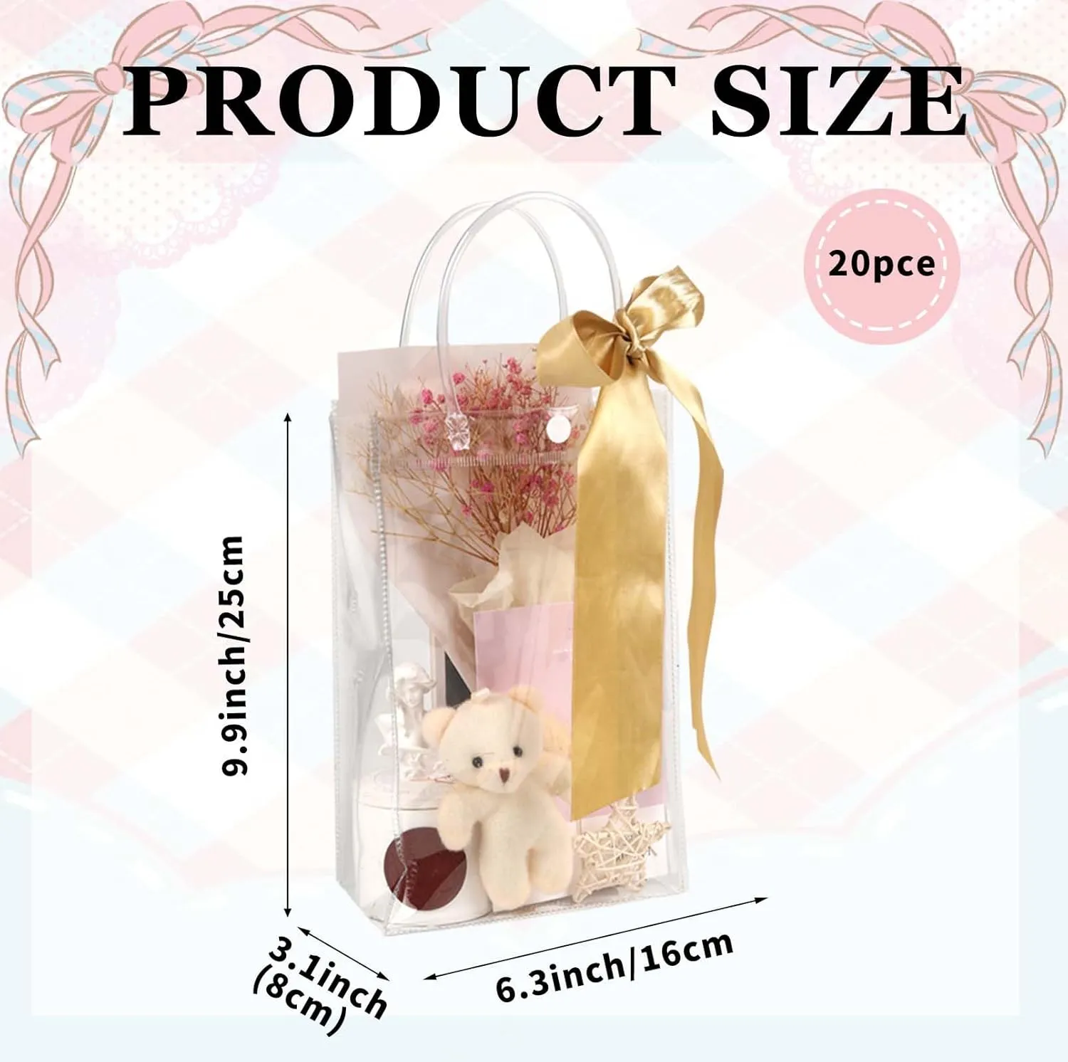 zandfelo 20 Pcs 6.4''x10''x3.2'' Clear Gift Bags with Handle, Clear Plastic Goodie Bags, Reusable Transparent PVC Gift Wrap Tote Bag