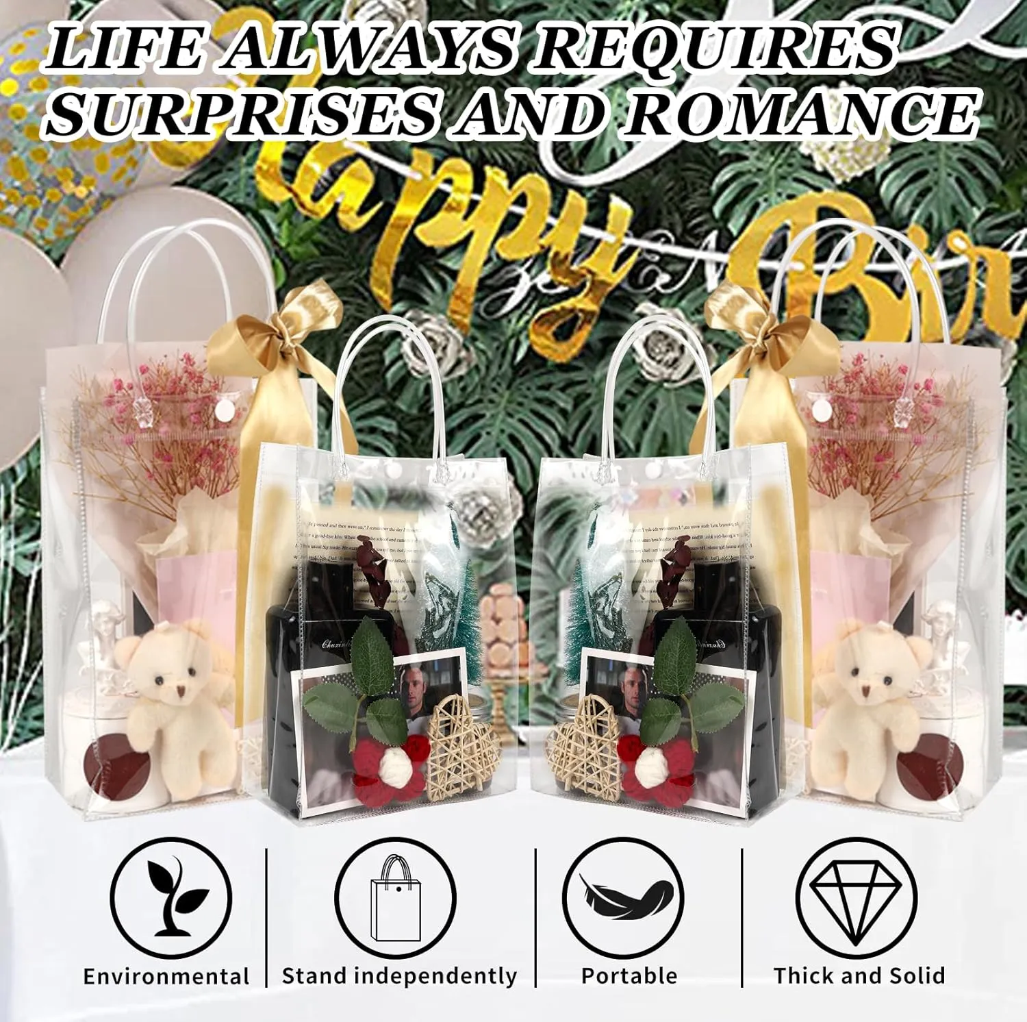 zandfelo 20 Pcs 6.4''x10''x3.2'' Clear Gift Bags with Handle, Clear Plastic Goodie Bags, Reusable Transparent PVC Gift Wrap Tote Bag