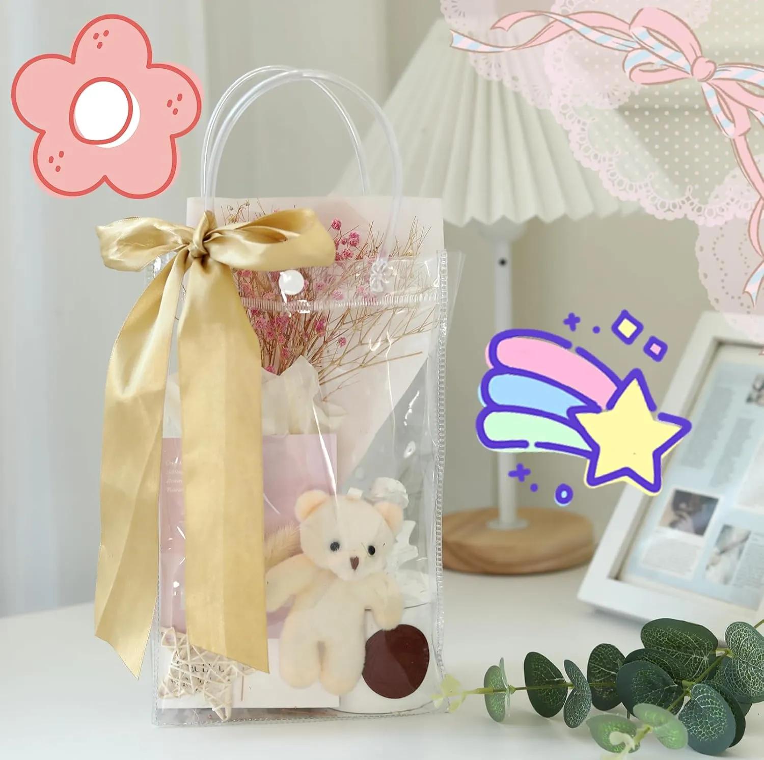 zandfelo 20 Pcs 6.4''x10''x3.2'' Clear Gift Bags with Handle, Clear Plastic Goodie Bags, Reusable Transparent PVC Gift Wrap Tote Bag