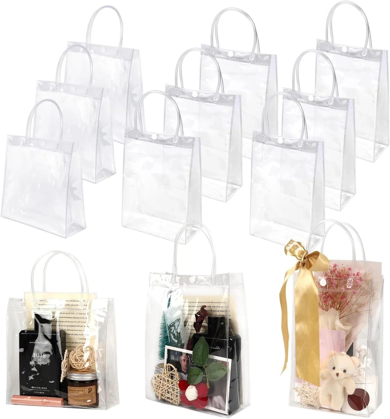 zandfelo 20 Pcs 6.4''x10''x3.2'' Clear Gift Bags with Handle, Clear Plastic Goodie Bags, Reusable Transparent PVC Gift Wrap Tote Bag