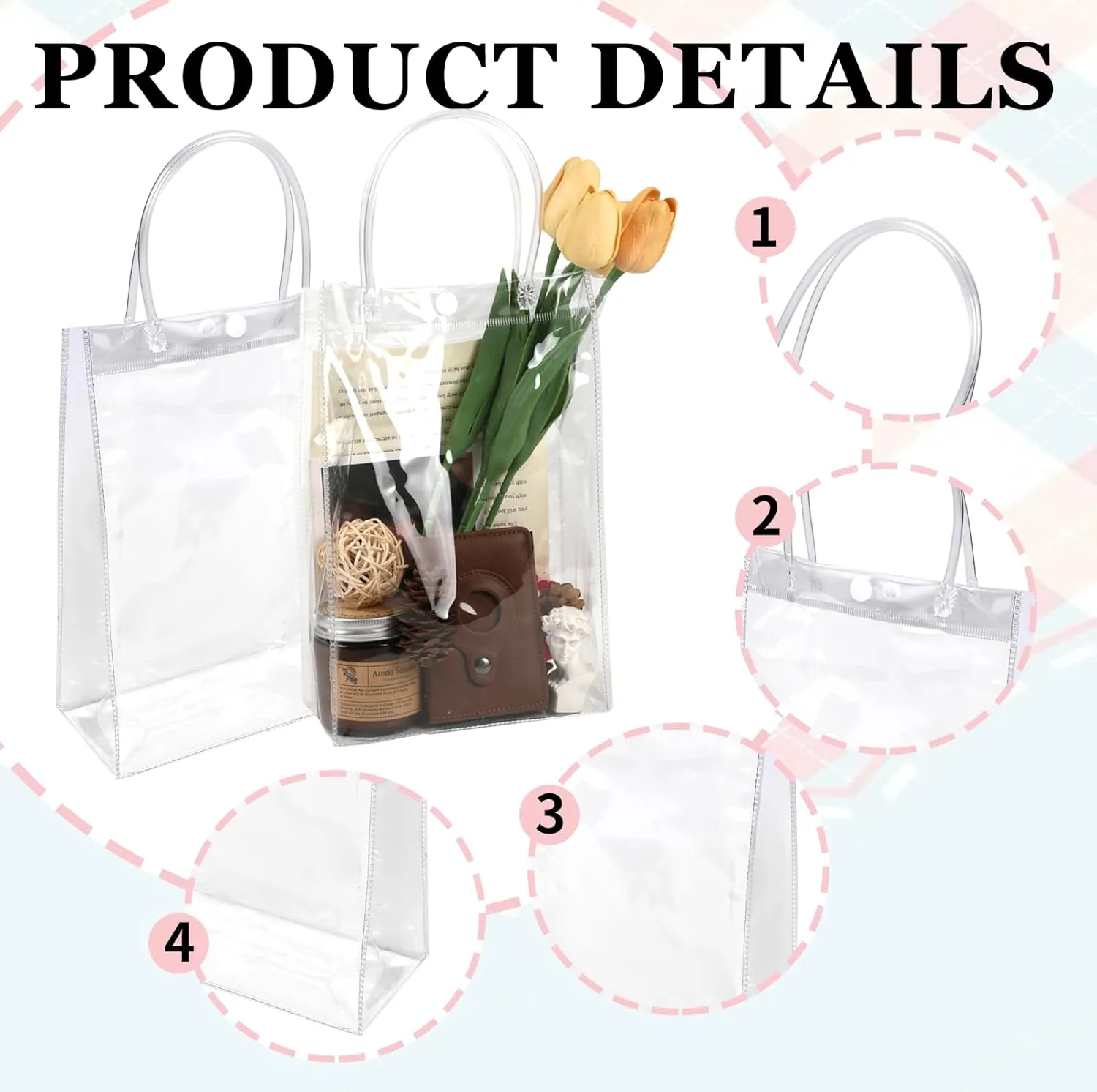 zandfelo 20 Pcs 6.4''x10''x3.2'' Clear Gift Bags with Handle, Clear Plastic Goodie Bags, Reusable Transparent PVC Gift Wrap Tote Bag