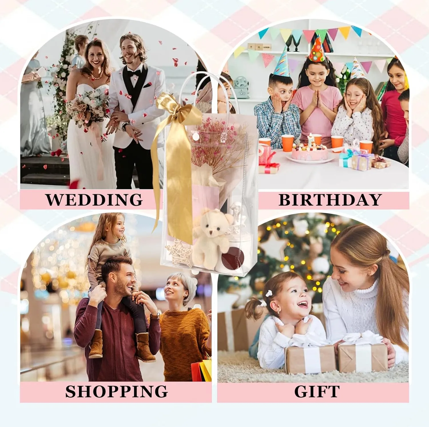 zandfelo 20 Pcs 6.4''x10''x3.2'' Clear Gift Bags with Handle, Clear Plastic Goodie Bags, Reusable Transparent PVC Gift Wrap Tote Bag