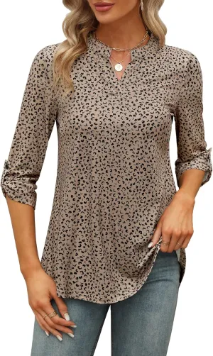 Zattcas Womens Floral Printed Tunic Shirts 3/4 Roll Sleeve Notch Neck Tunic Top