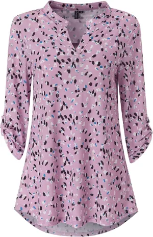Zattcas Womens Floral Printed Tunic Shirts 3/4 Roll Sleeve Notch Neck Tunic Top