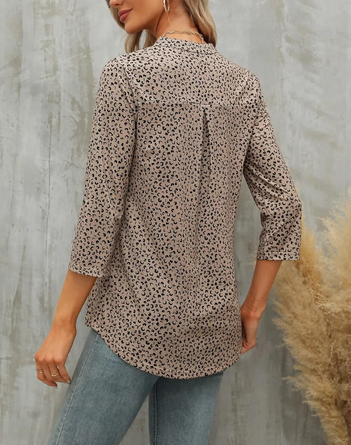 Zattcas Womens Floral Printed Tunic Shirts 3/4 Roll Sleeve Notch Neck Tunic Top