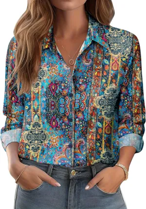 Zeagoo Boho Blouses for Women Dressy Casual Paisley Long Sleeve Button Down Shirts Work Tops Business Fashion Clothes