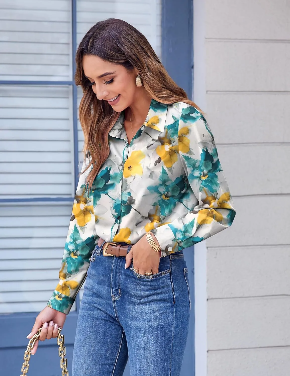 Zeagoo Button Down Shirts for Women Dressy Floral Printed Long Sleeve Blouse Business Casual Work Tops