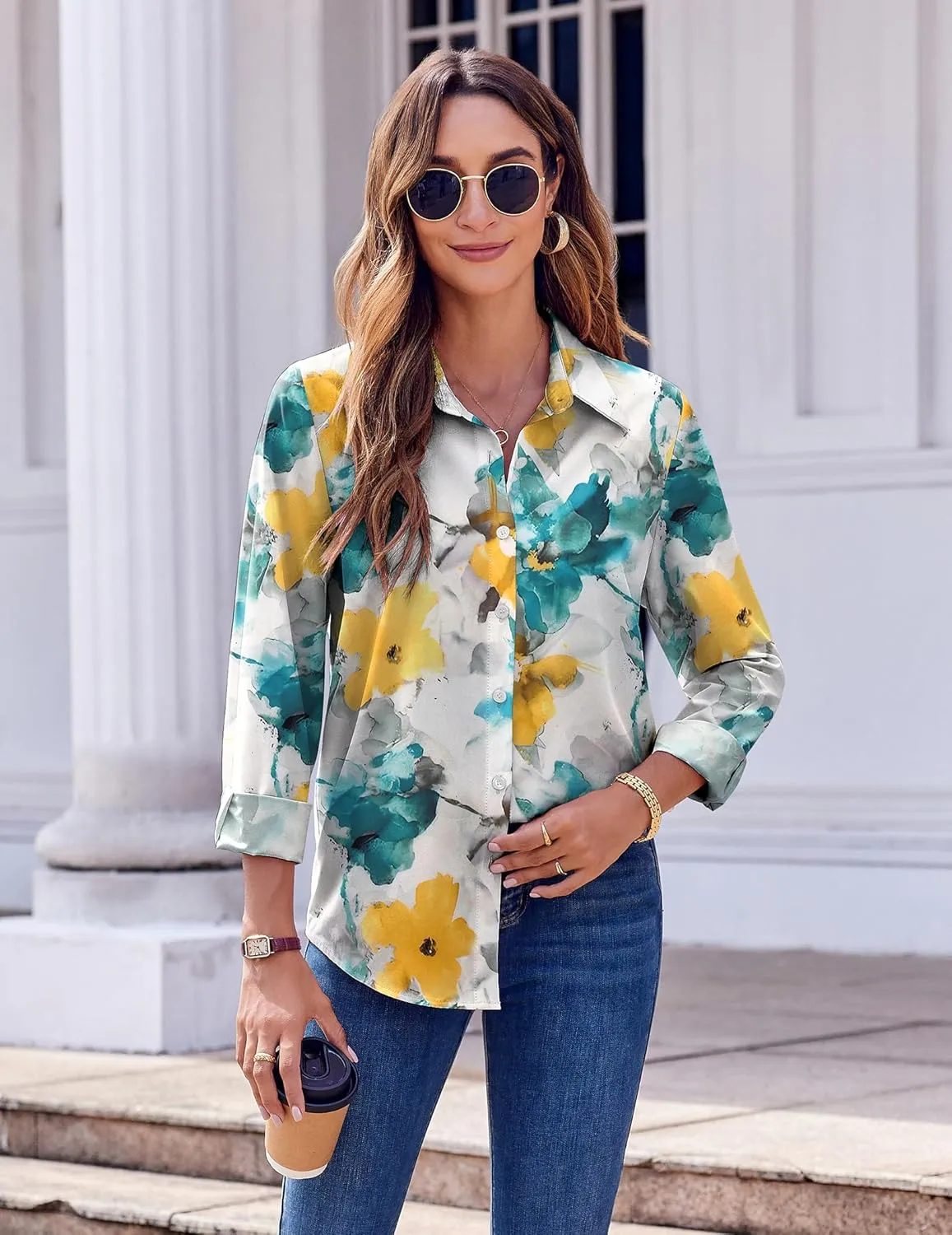 Zeagoo Button Down Shirts for Women Dressy Floral Printed Long Sleeve Blouse Business Casual Work Tops