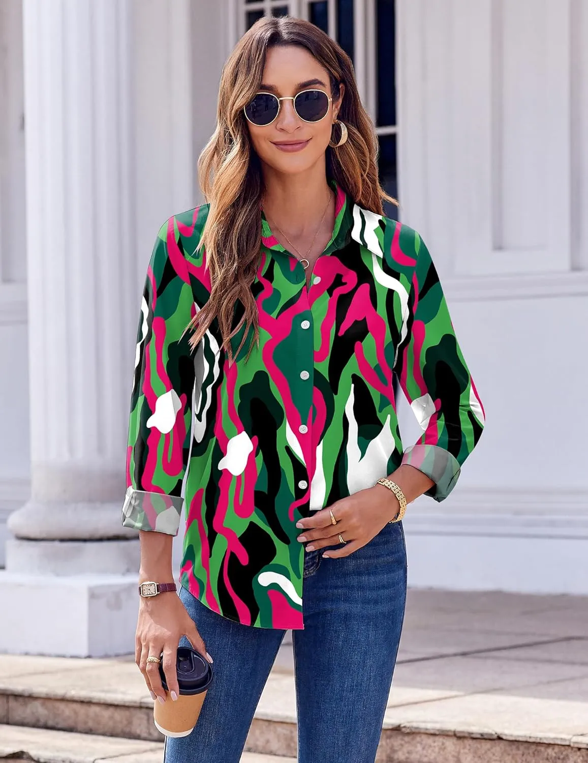 Zeagoo Button Down Shirts for Women Dressy Floral Printed Long Sleeve Blouse Business Casual Work Tops