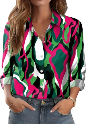 Zeagoo Button Down Shirts for Women Dressy Floral Printed Long Sleeve Blouse Business Casual Work Tops