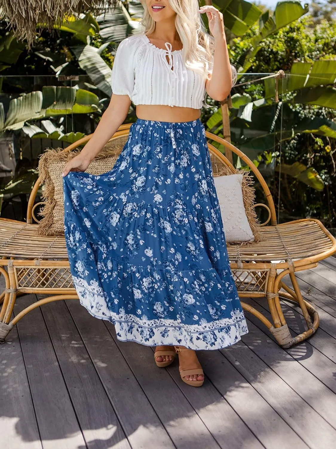 ZESICA Women's 2025 Summer Bohemian Floral Printed Elastic Waist A Line Maxi Skirt with Pockets