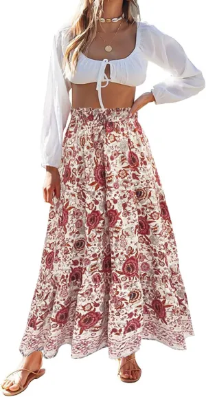 ZESICA Women's 2025 Summer Bohemian Floral Printed Elastic Waist A Line Maxi Skirt with Pockets