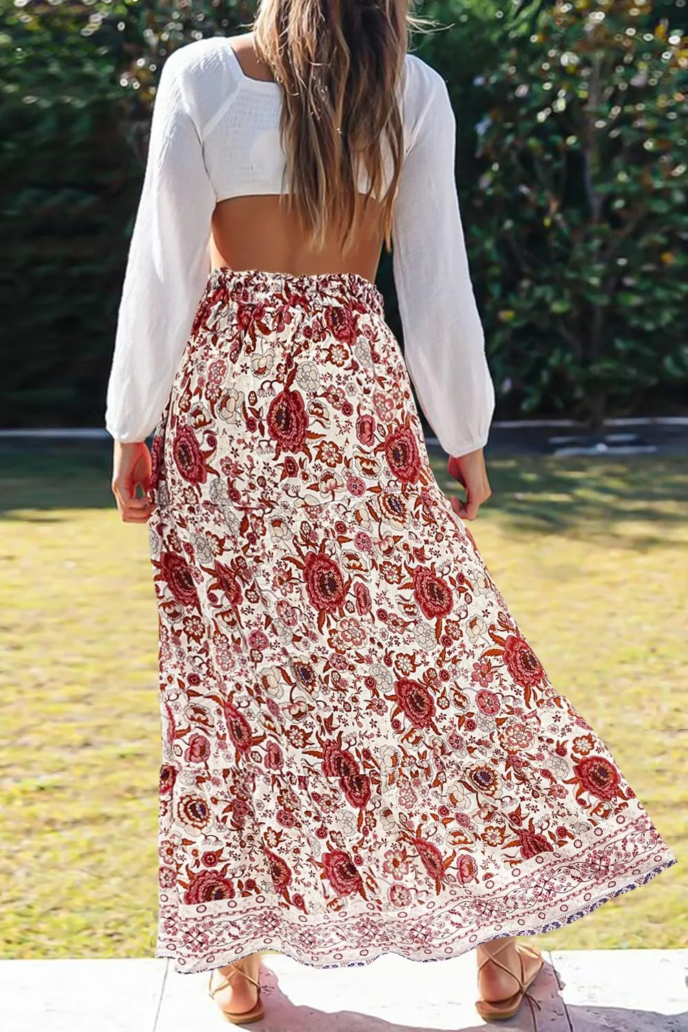 ZESICA Women's 2025 Summer Bohemian Floral Printed Elastic Waist A Line Maxi Skirt with Pockets