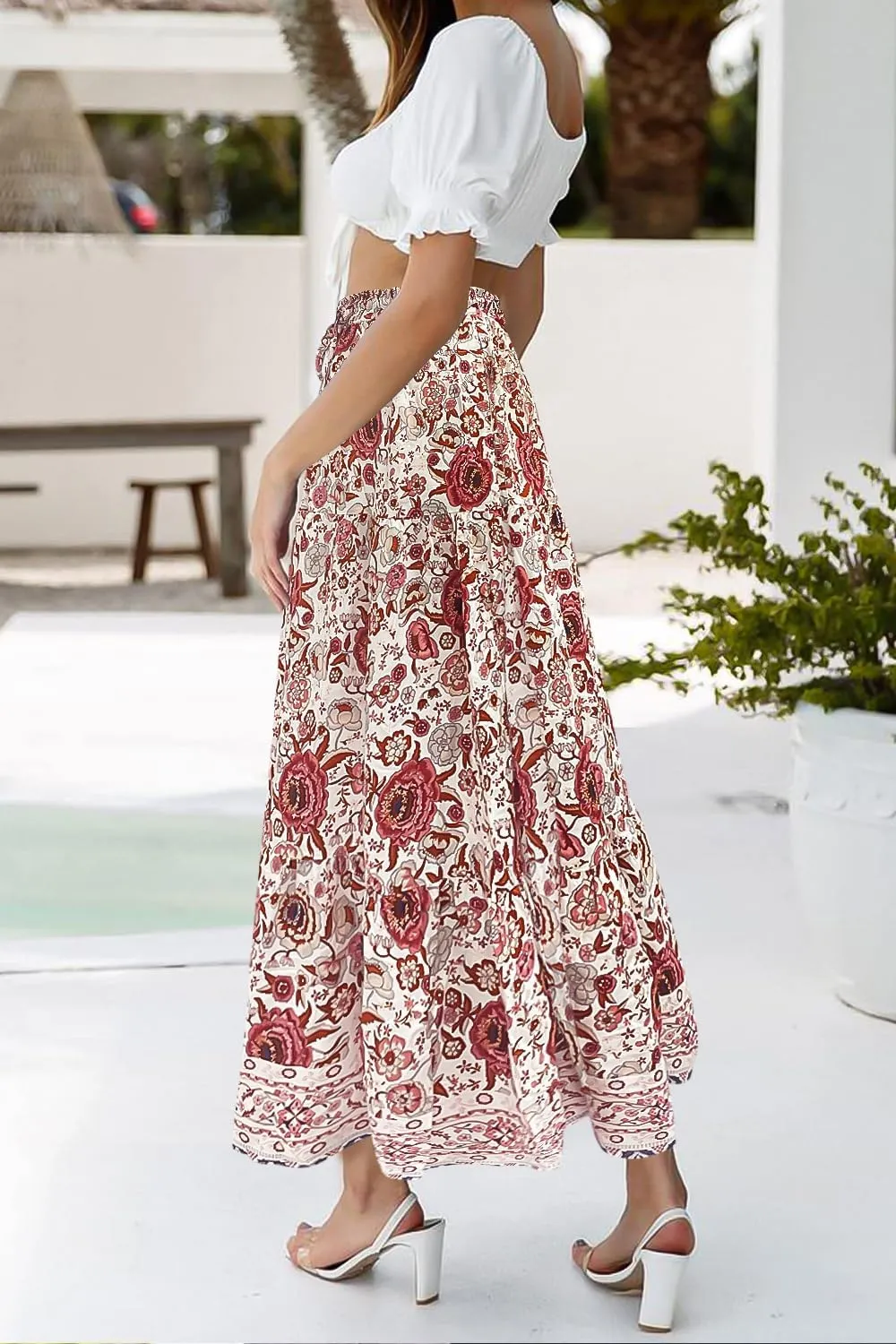 ZESICA Women's 2025 Summer Bohemian Floral Printed Elastic Waist A Line Maxi Skirt with Pockets