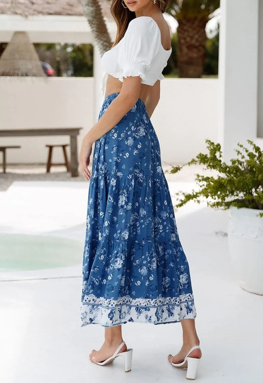ZESICA Women's 2025 Summer Bohemian Floral Printed Elastic Waist A Line Maxi Skirt with Pockets