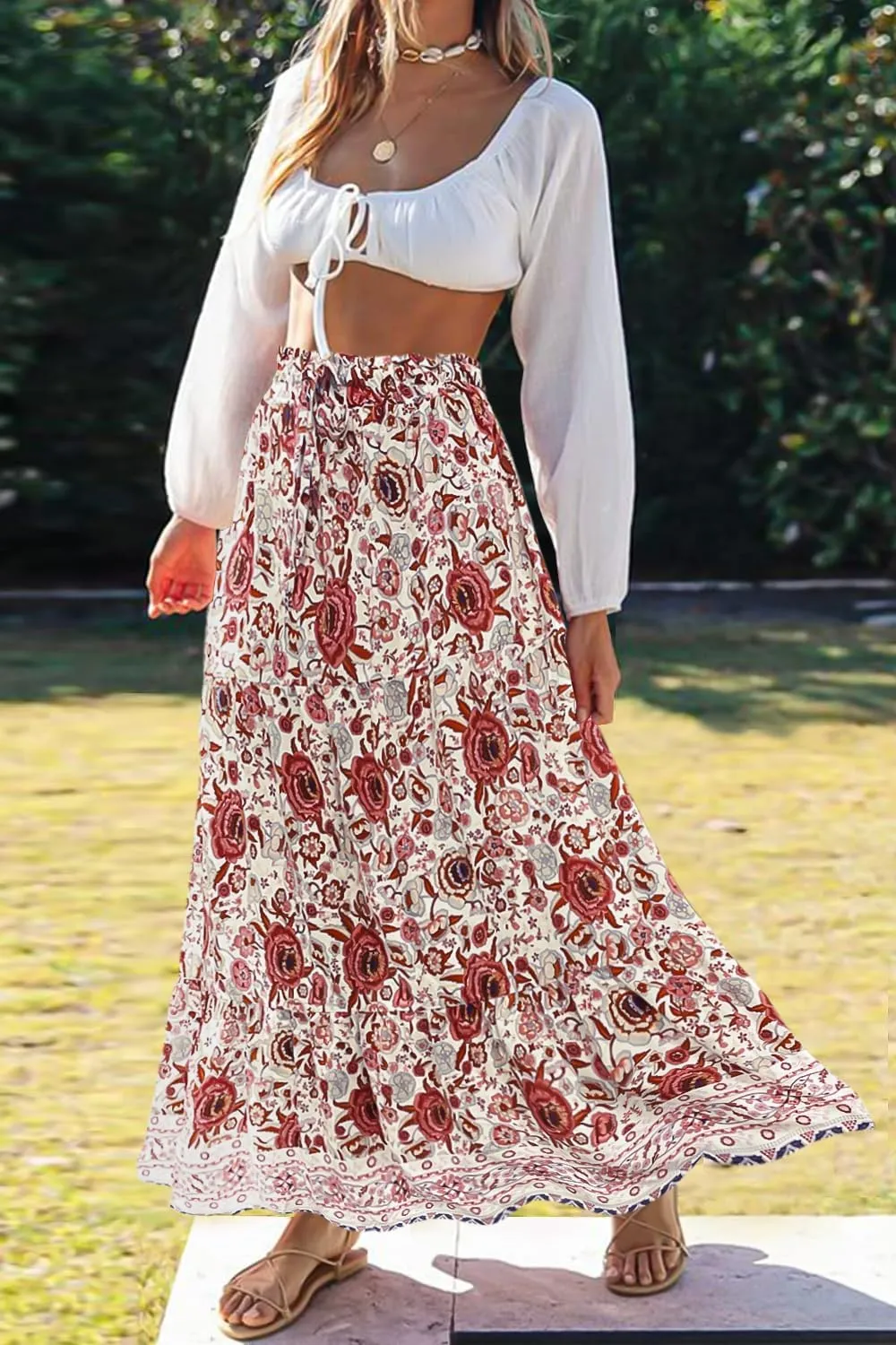 ZESICA Women's 2025 Summer Bohemian Floral Printed Elastic Waist A Line Maxi Skirt with Pockets