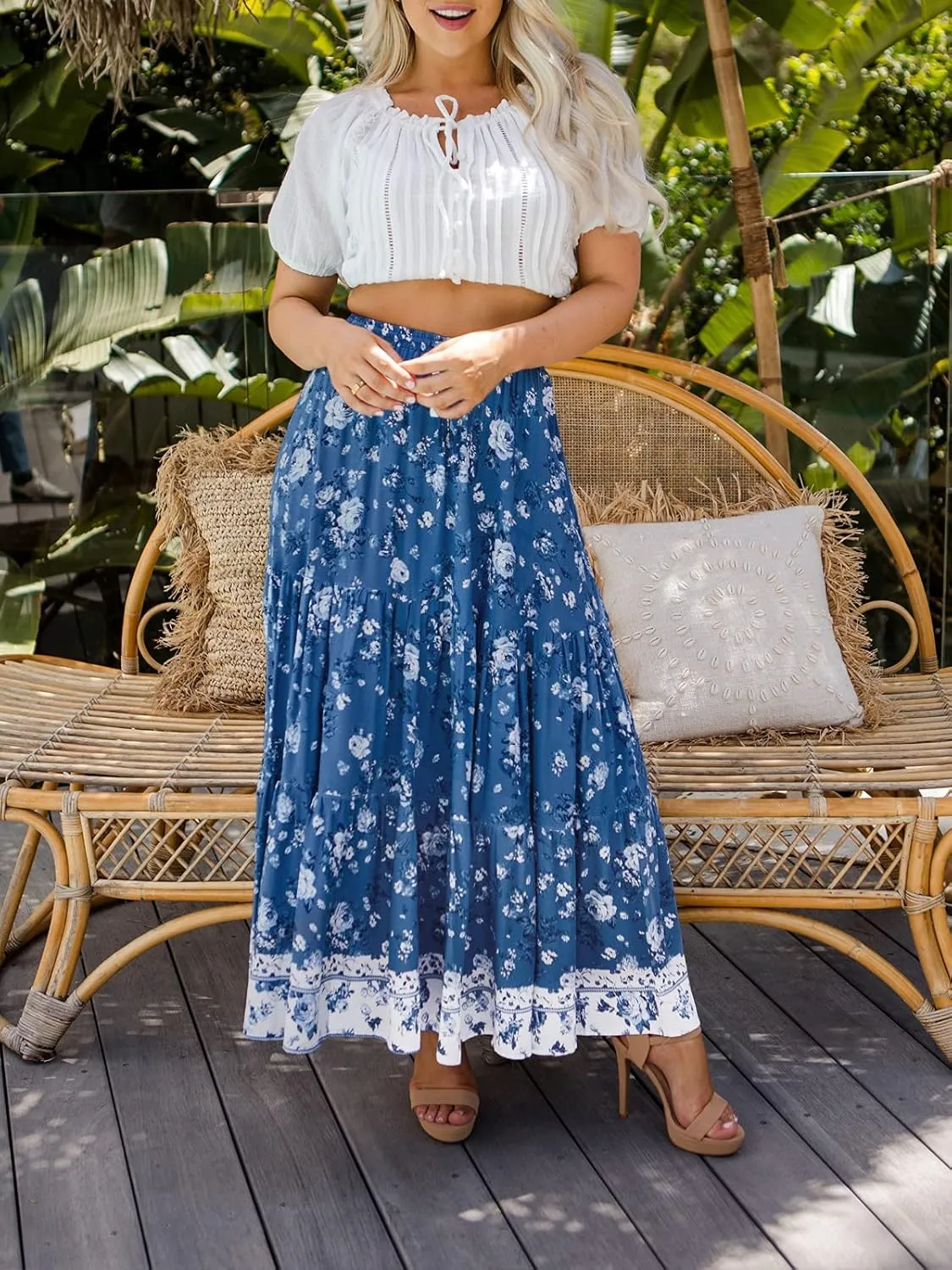 ZESICA Women's 2025 Summer Bohemian Floral Printed Elastic Waist A Line Maxi Skirt with Pockets