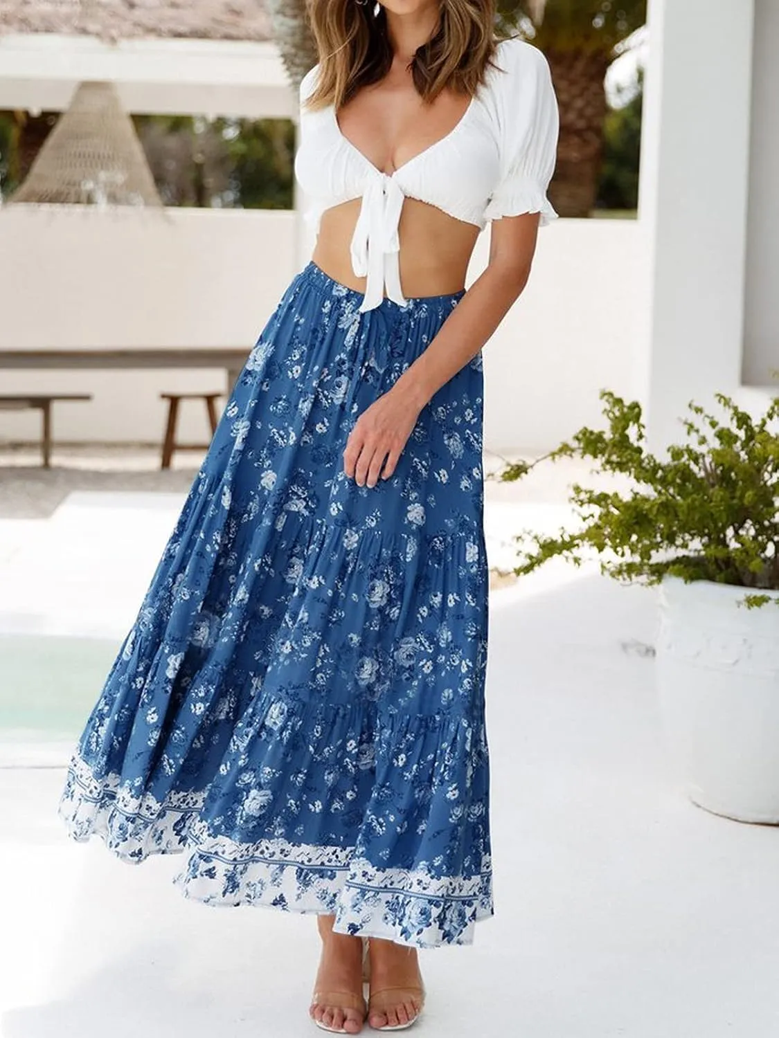 ZESICA Women's 2025 Summer Bohemian Floral Printed Elastic Waist A Line Maxi Skirt with Pockets
