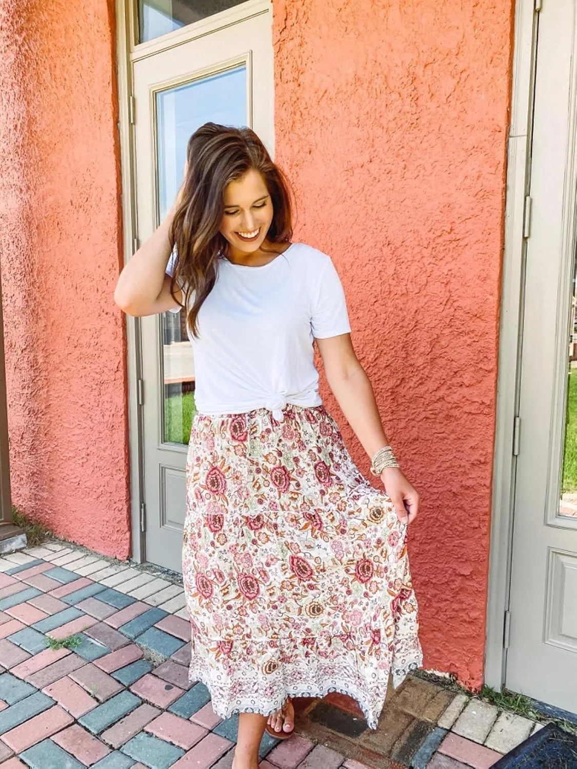 ZESICA Women's 2025 Summer Bohemian Floral Printed Elastic Waist A Line Maxi Skirt with Pockets