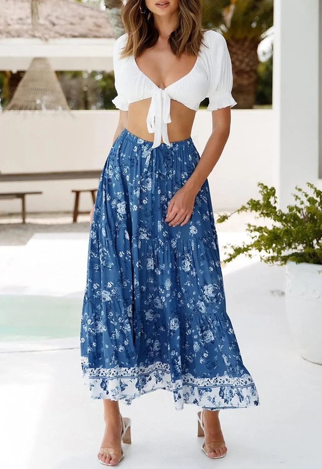 ZESICA Women's 2025 Summer Bohemian Floral Printed Elastic Waist A Line Maxi Skirt with Pockets