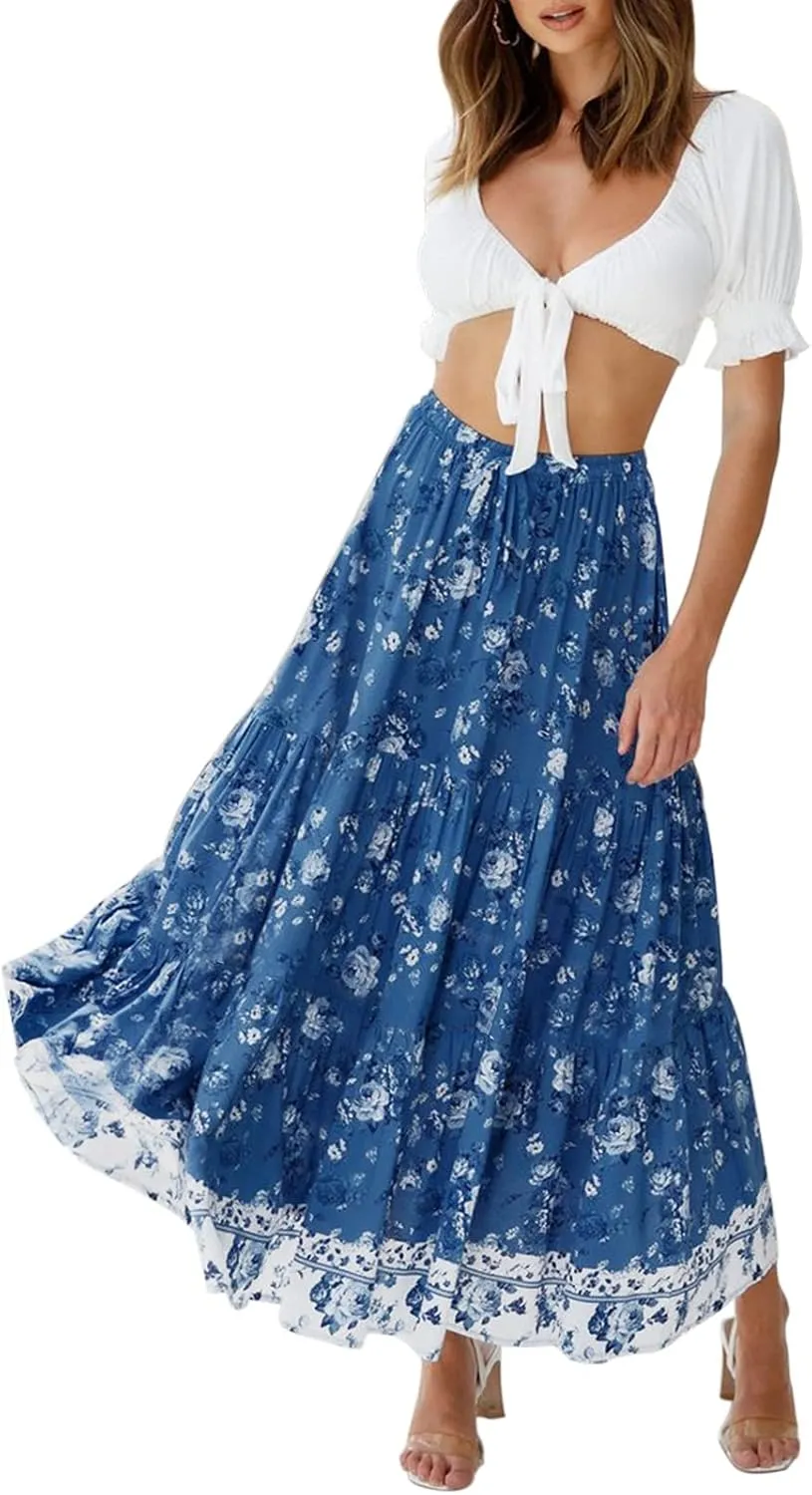 ZESICA Women's 2025 Summer Bohemian Floral Printed Elastic Waist A Line Maxi Skirt with Pockets