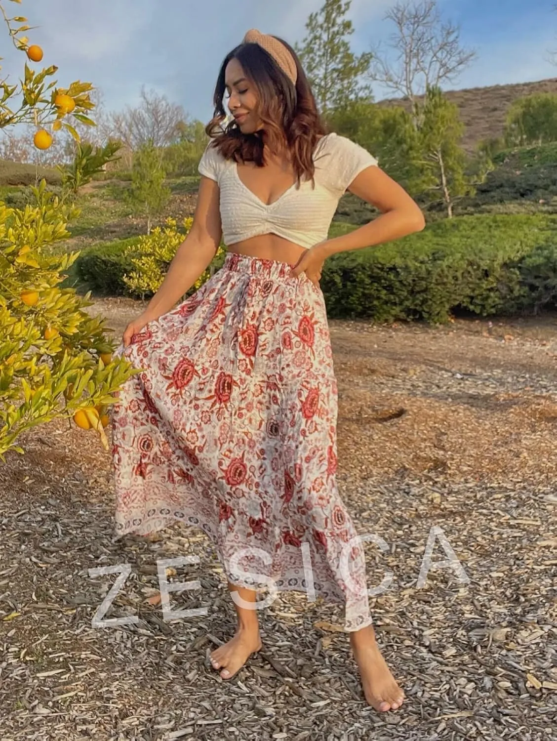 ZESICA Women's 2025 Summer Bohemian Floral Printed Elastic Waist A Line Maxi Skirt with Pockets