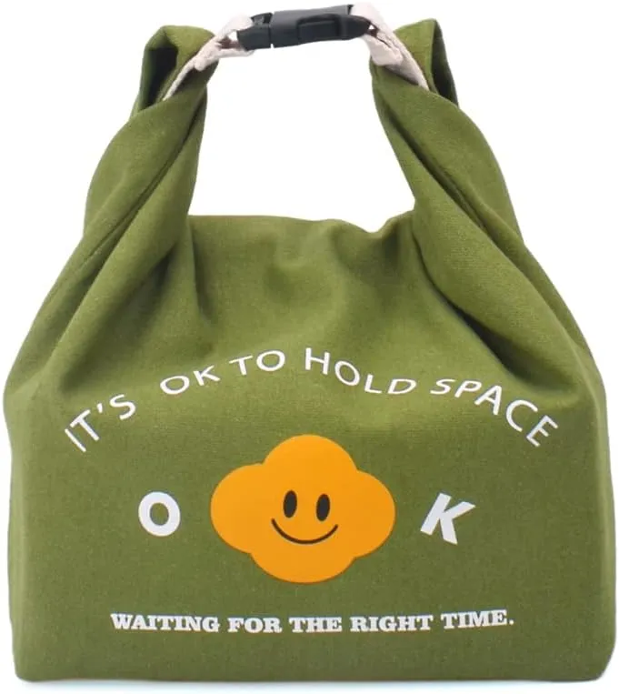 ZIIYAN Reusable Lunch Bag Insulated Handbag Smile Tote bag with Handle for Women Work Picnic or Travel (Olive Green)