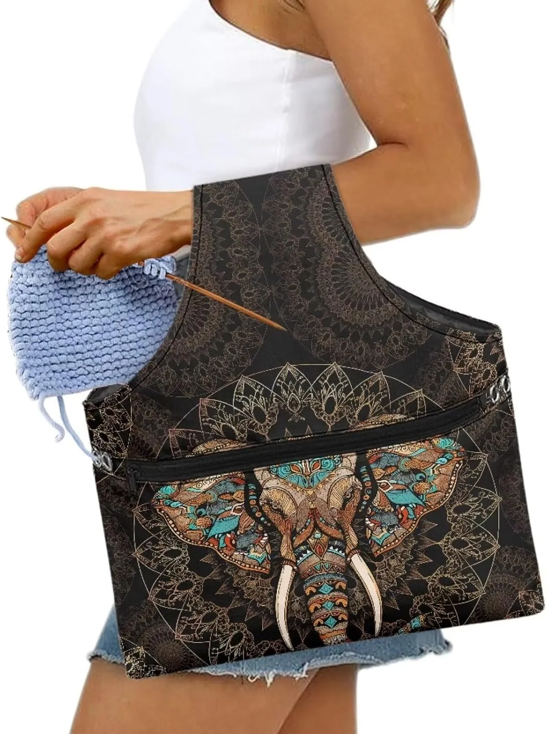 ZUXONGSY Aztec Yarn Bags for Crocheting Large Elephant Crochet Organizers and Storage for Women Knitting Yarn Storage Bag Organizer Portable Holding Knitting Needles