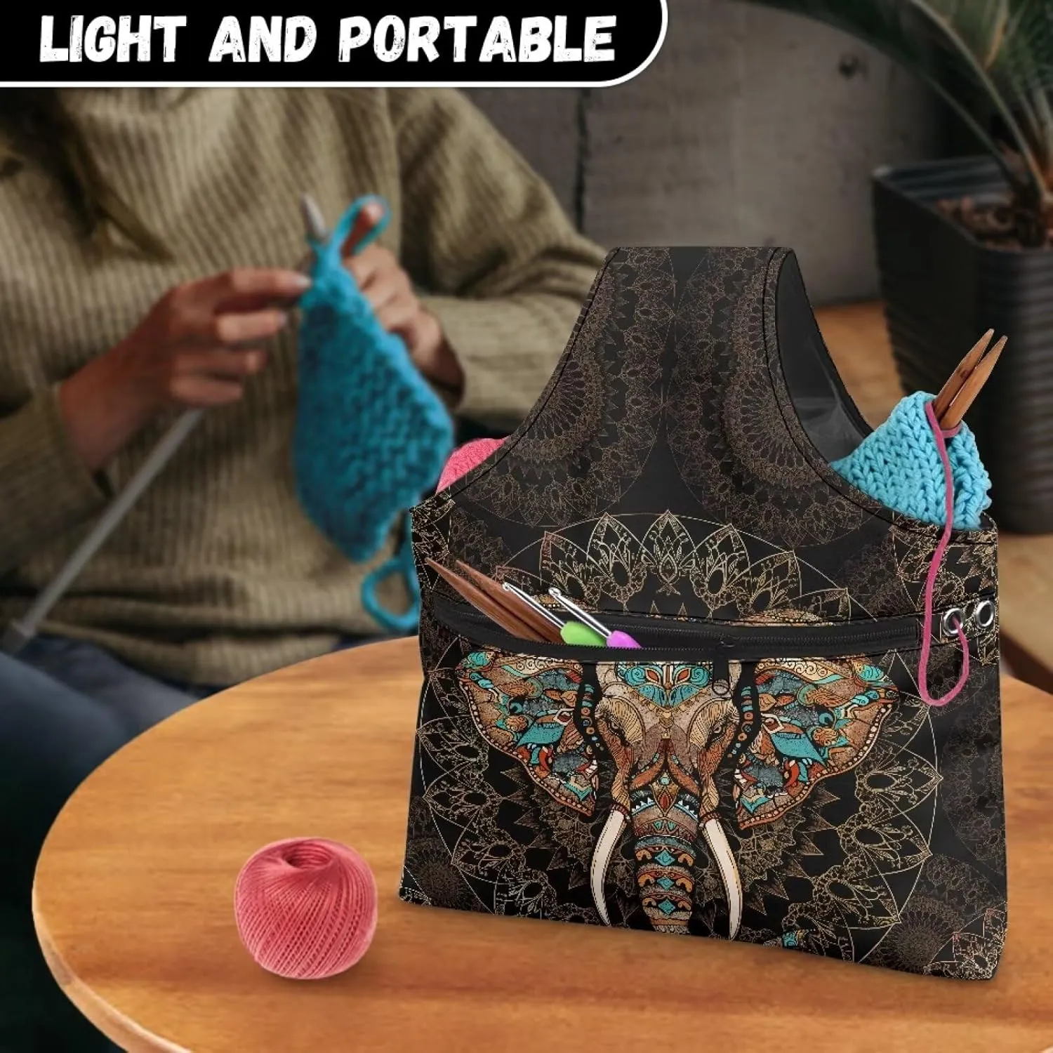 ZUXONGSY Aztec Yarn Bags for Crocheting Large Elephant Crochet Organizers and Storage for Women Knitting Yarn Storage Bag Organizer Portable Holding Knitting Needles