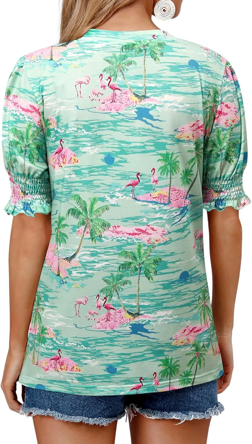 ZXZY Women Ruffle Short Sleeve Pleated V Neck Floral Print Hawaiian Shirts Blouse Tops