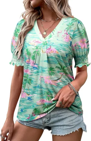 ZXZY Women Ruffle Short Sleeve Pleated V Neck Floral Print Hawaiian Shirts Blouse Tops